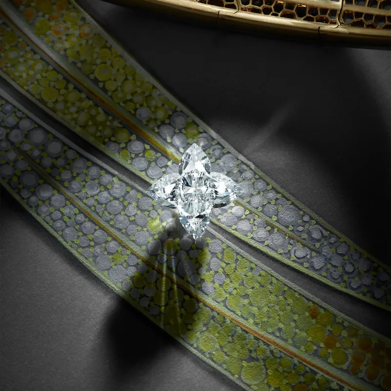 <p>A 5.12ct LV Monogram Star Cut diamond before setting into a Mythica jewel</p>
