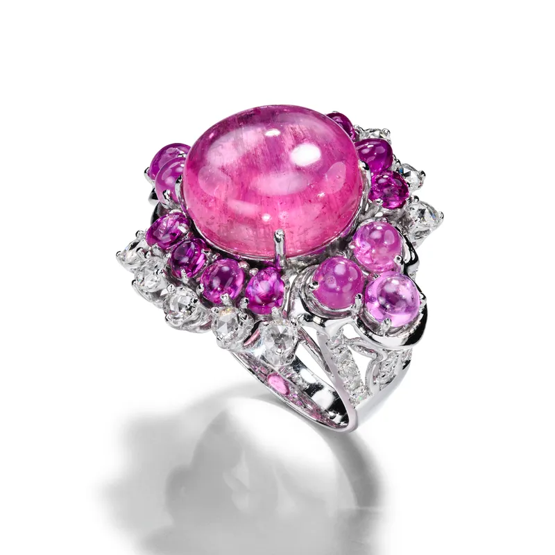 Anna Hu Route des Fleurs Impériales raspberry pink cabochon tourmaline ring, surrounded by pink sapphires and diamonds