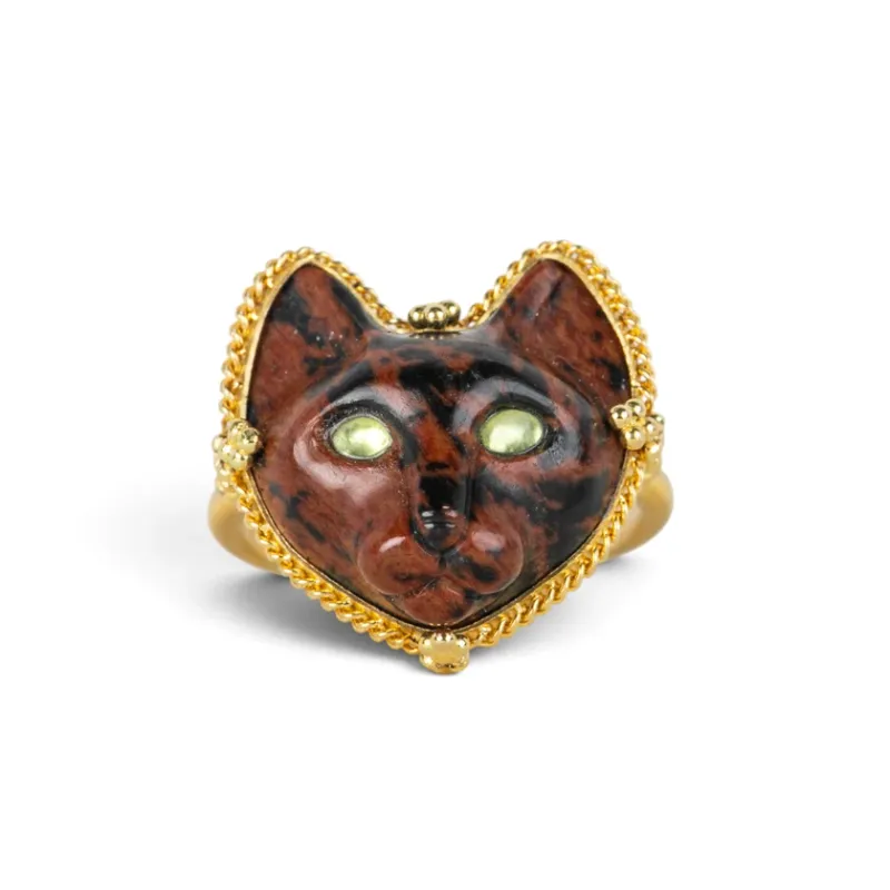 Amali carved Mahogany Obsidian Cat ring with tourmaline eyes in 18K yellow gold