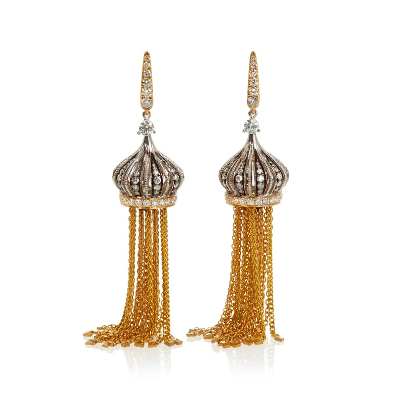 <p>Earrings handcrafted in 18k gold, set with 180 gemstones including ebony and 1.94 ct diamond</p>