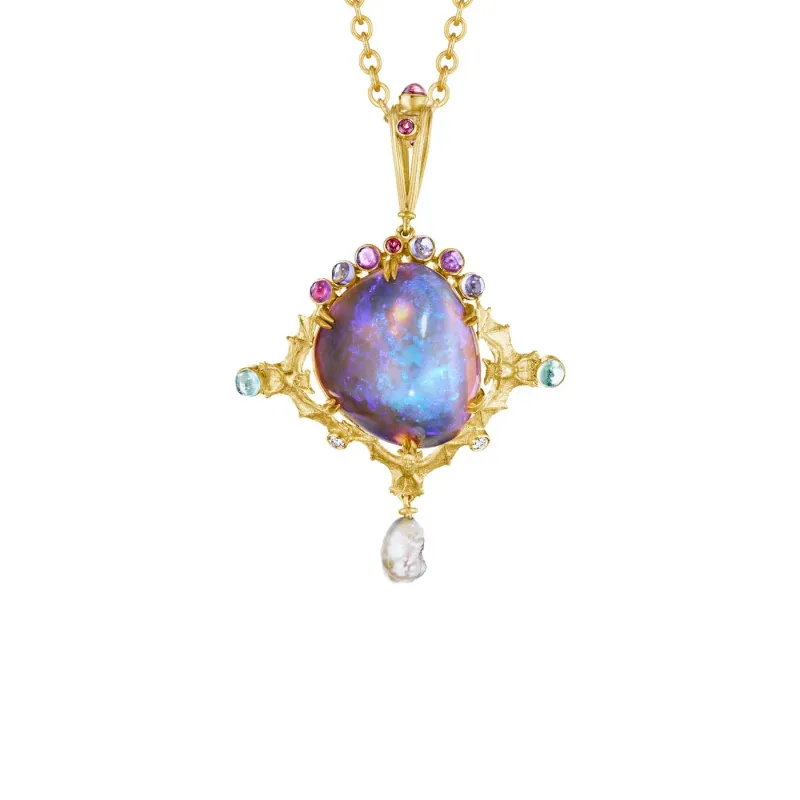 Anthony Lent Black Opal Bat pendant in 18K yellow gold with iolite, tourmaline, amethyst, natural pearl and diamonds