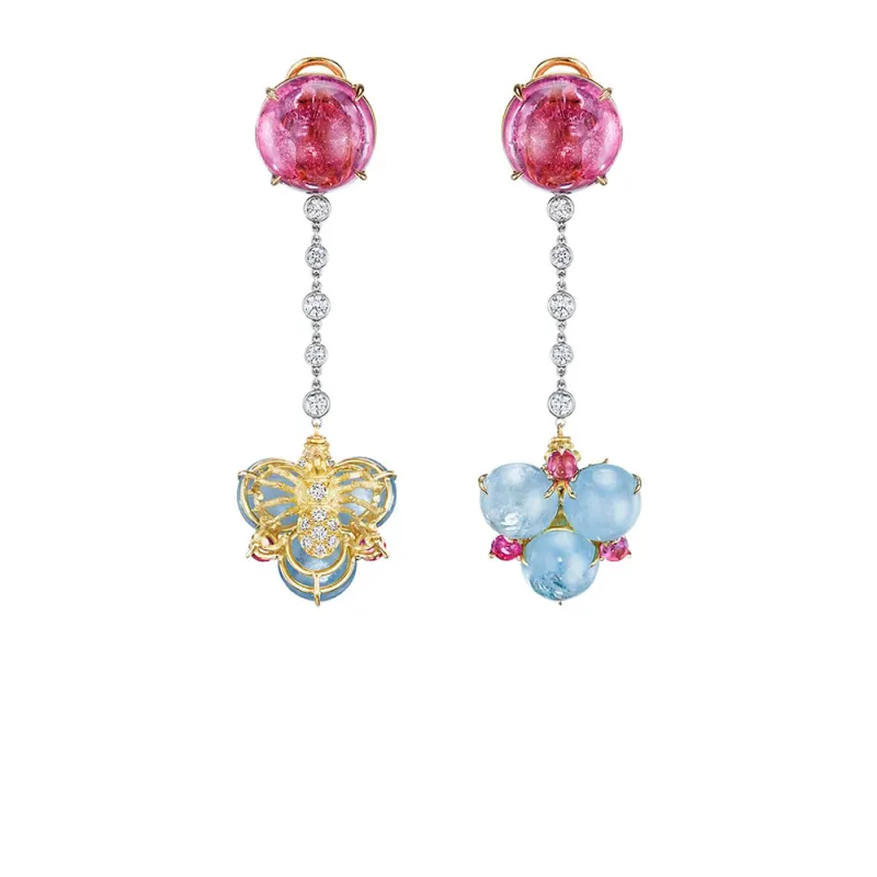 Anthony Lent Spider Lady basket earrings in 18K yellow gold and platinum with pink tourmalines, aquamarines and diamonds