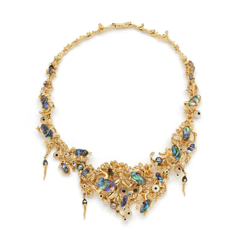 Bibi van der Velden one-of-a-kind Big Frog Necklace in 18K yellow gold with abalone, rock crystal, moonstone and brown diamonds