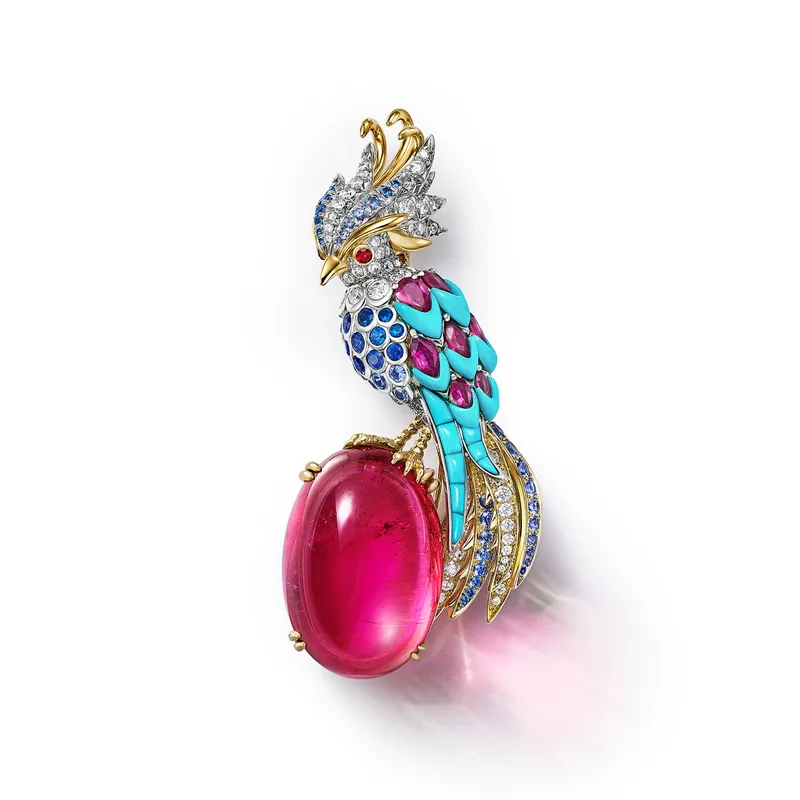 <p>Tiffany &amp; Co. Blue Book Hidden Garden Bird on a Rock Paradise brooch in platinum and 18k yellow gold with a 60.24ct oval cabochon rubellite, rubies, sapphires, turquoise, diamonds and rubellite accents</p>
