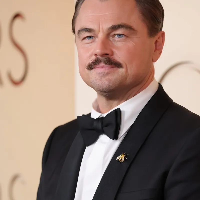 <div>Leonardo DiCaprio wears Boucheron Bee brooch in yellow gold, yellow enamel, garnet and diamonds from 1964</div>
