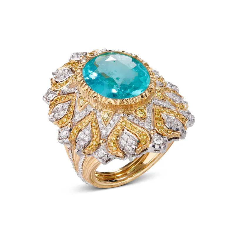 Buccellati Serenissima ring, set with an oval Paraiba tourmaline, yellow diamonds and white diamond pavé