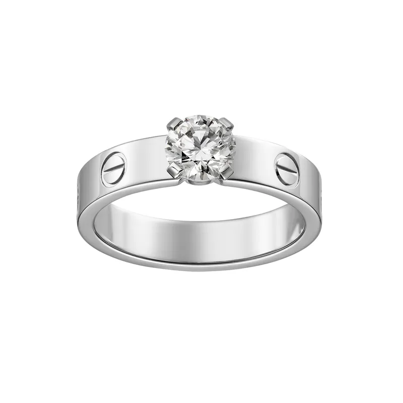 <p>‘Love’ diamond and white gold solitaire engagement ring</p>