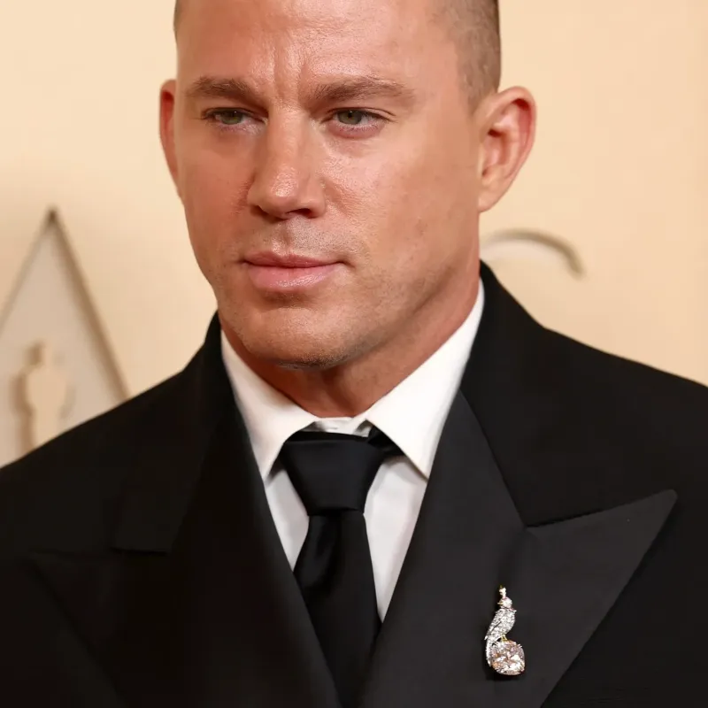 <p>Channing Tatum wears Tiffany &amp; Co. Bird on a Rock brooch in platinum and yellow gold, set with a diamond of over 22 carats, rubies and diamond accents and Union Square 30mm watch in yellow gold</p>

