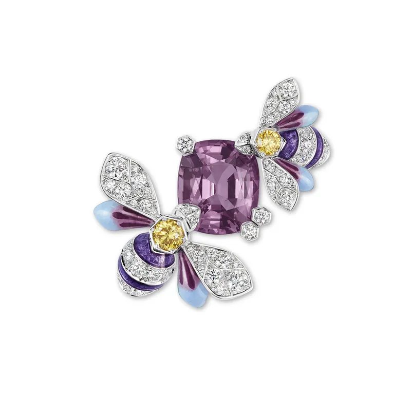 Chaumet Saffron Flower brooch, set with a purple sapphire, yellow and white diamonds with grand feu enamel detailing