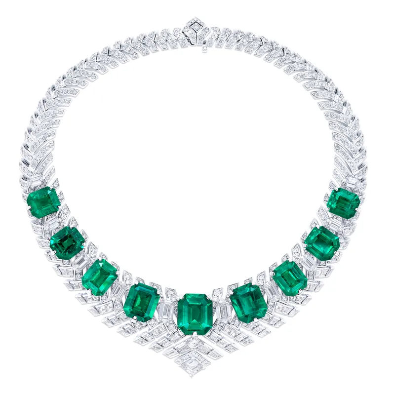 David Morris Kalamos necklace, set with 98.35ct emerald-cut Colombian emeralds and diamonds in 18ct white gold 