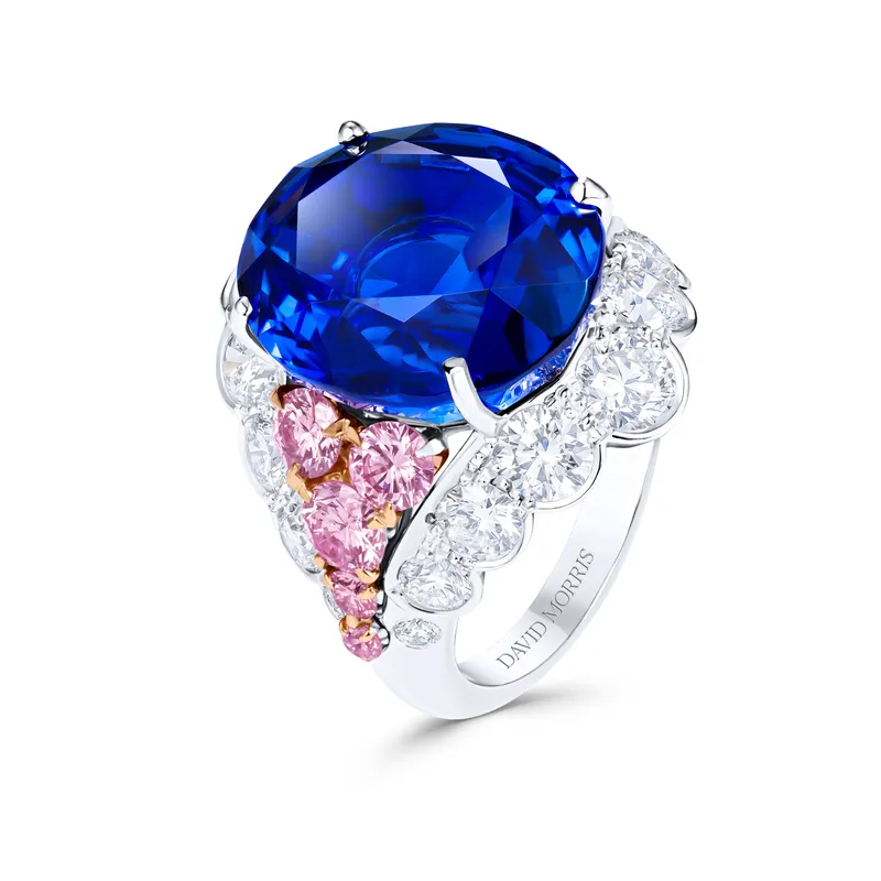 David Morris Levity ring, set with a 16.79ct unheated oval Burmese sapphire, Fancy Pink diamonds and white diamonds