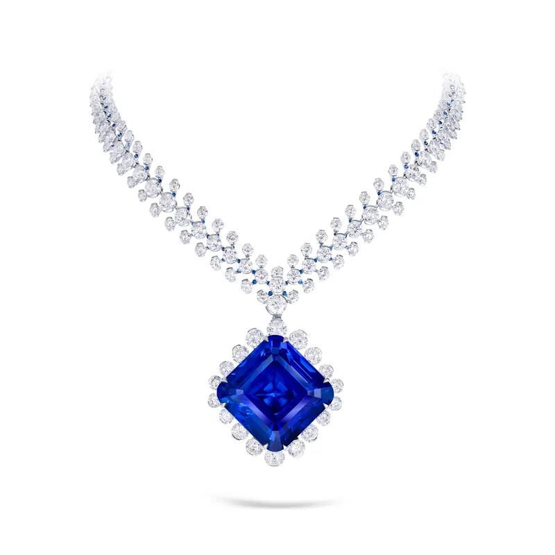 David Morris Riviera necklace, set with an unheated 184.15-carat cushion-cut Sri Lankan sapphire