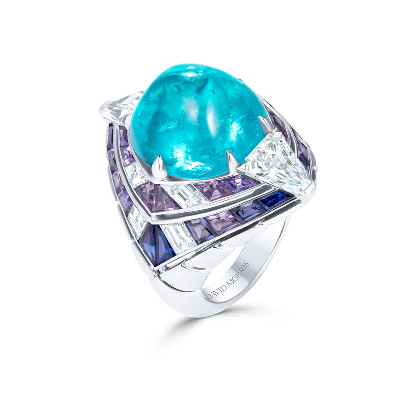 David Morris Tetra ring, set with a 12.95ct cabochon Brazilian Paraíba tourmaline, purple and violet sapphires, blue sapphires and diamonds