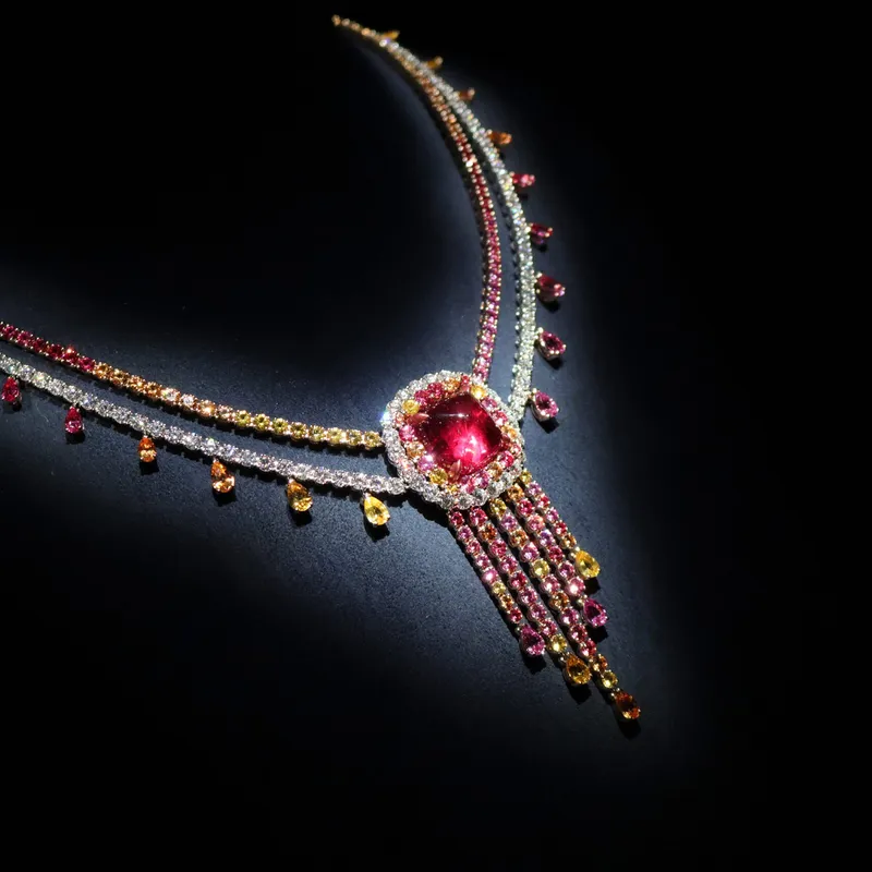 <p>The Belle Dior High Jewellery collection by Dior Joaillerie is striking for its use of sugarloaf cabochon gemstones, including this rubellite necklace</p>
