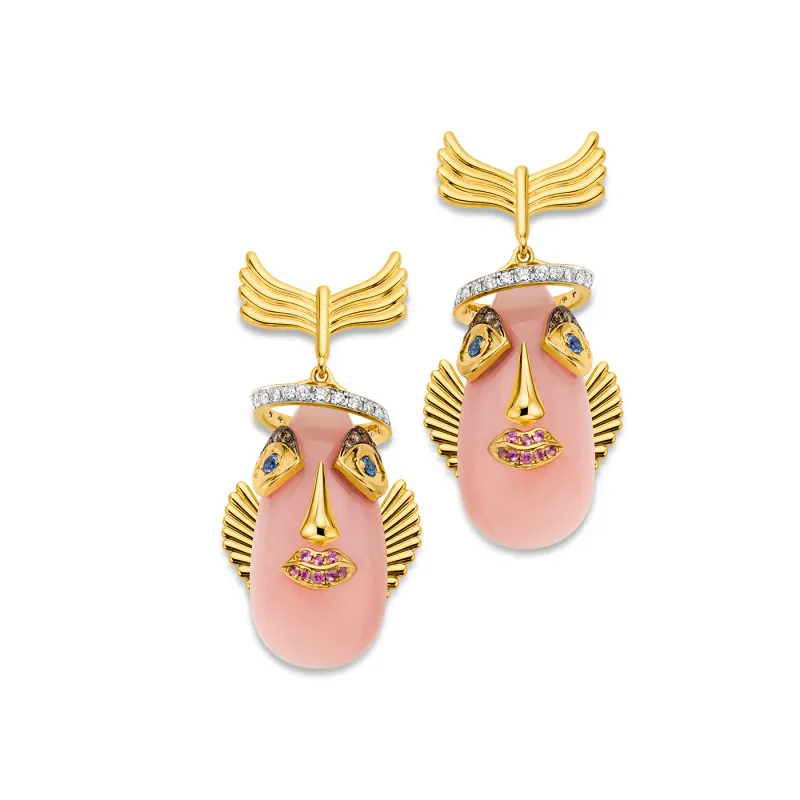  Angelfish drop earrings in 18k yellow gold with carved pink opal, diamonds, cognac diamonds and pink and blue sapphires