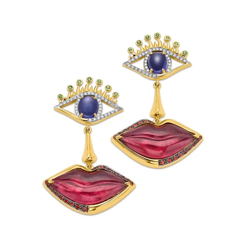 Edina Kiss Eye Nose Lip drop earrings in 18K yellow gold with pink tourmalines, diamonds, iolite, orange sapphires and tsavorites