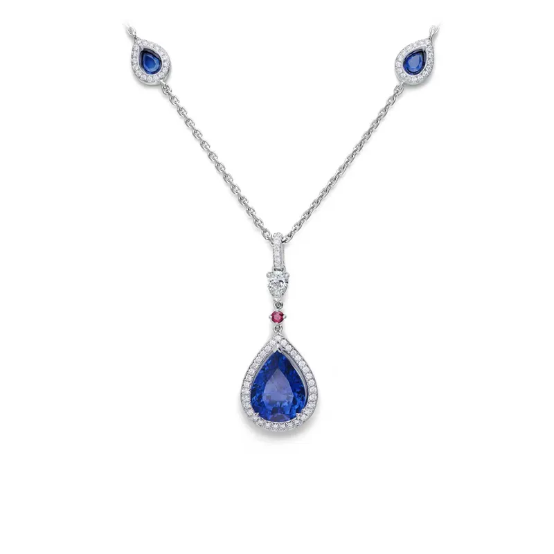 <p>‘Glowing Ember’ necklace with feature 4.58ct sapphire and eight pear cut sapphires totalling 1.47ct, diamonds and signature ruby accent</p>