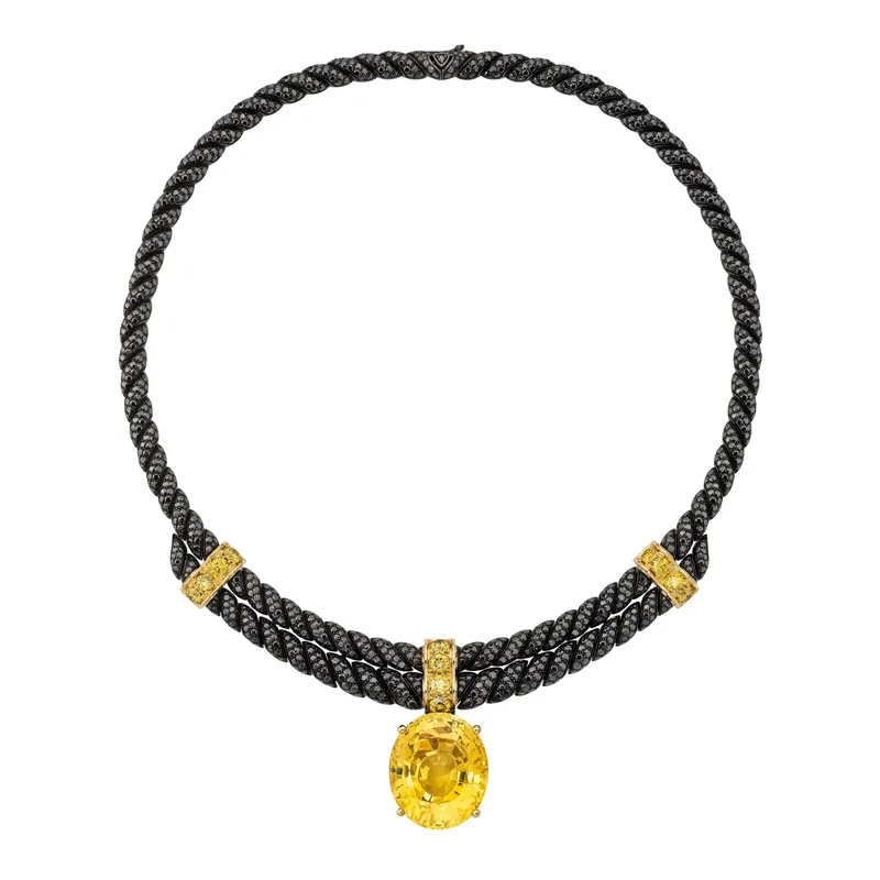 Gucci Knot necklace, set with a 56ct oval yellow sapphire  in white gold with black ruthenium and diamonds
