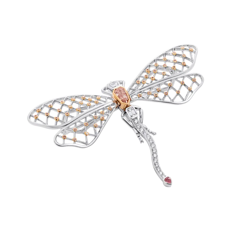 <p>The dragonfly brooch by Hirsh London, with a kite-shaped natural pink diamond and brilliant-cut natural pink diamonds set en tremblant in 18k rose gold</p>