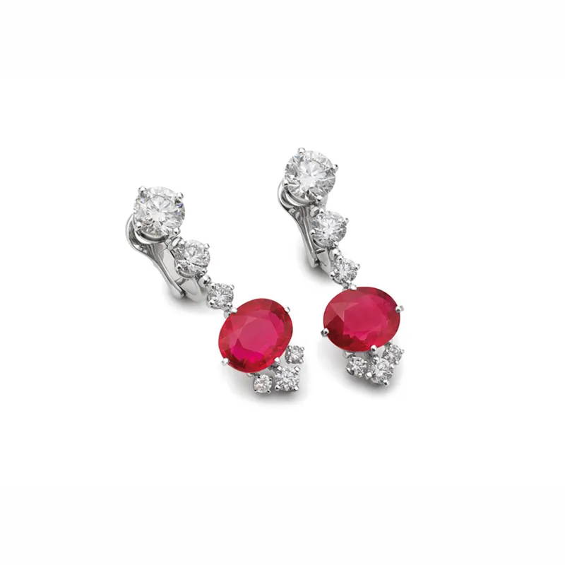 <p>The matching Bvlgari Magnifica high jewellery earrings, set with two oval pigeon’s blood rubies and diamonds in platinum</p>