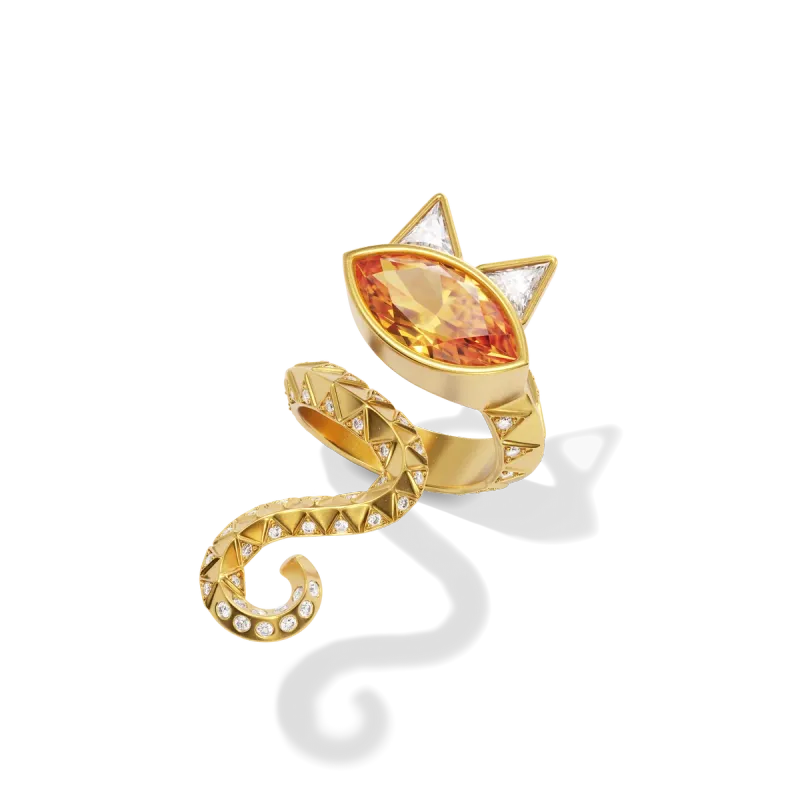 House of Harlow Tiger Lily pinky ring in 18K yellow gold, set with a marquise-cut citrine and diamonds