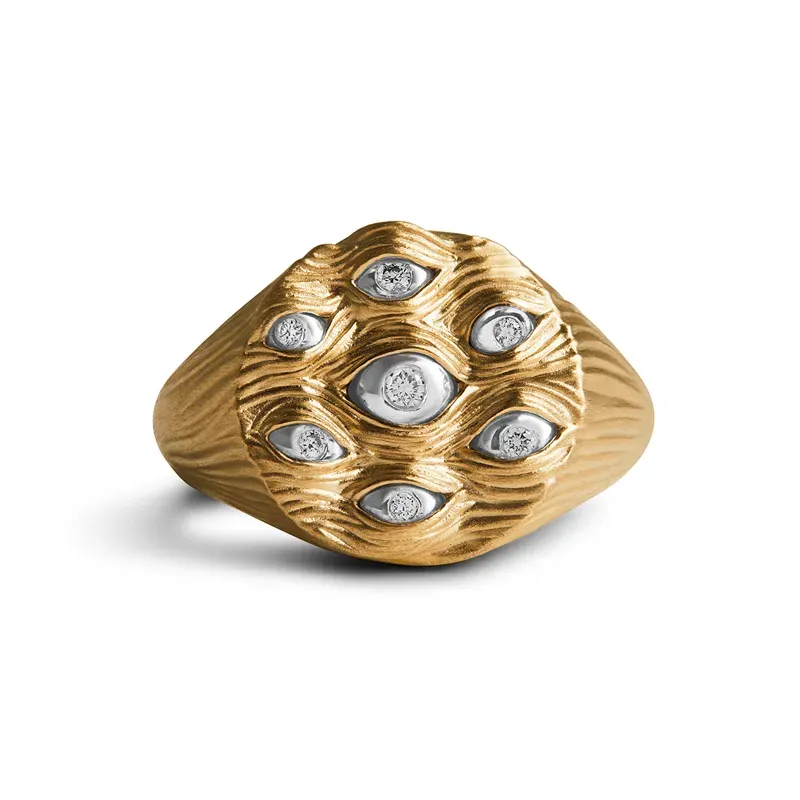 Kasun London Eyes of Many signet ring in 9K yellow gold with sterling silver and diamond eyes