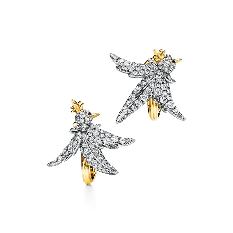 <p>Bird on a Rock by Tiffany Wings earrings in platinum and gold with diamonds</p>