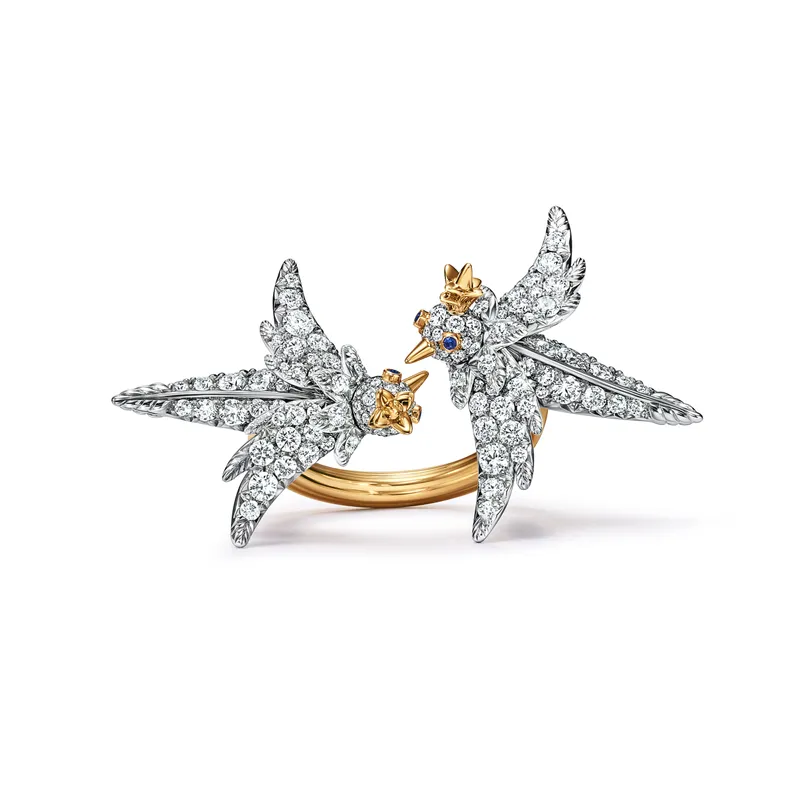 <p>Bird on a Rock by Tiffany ring in platinum and 18kyellow gold with diamonds and sapphire accents</p>