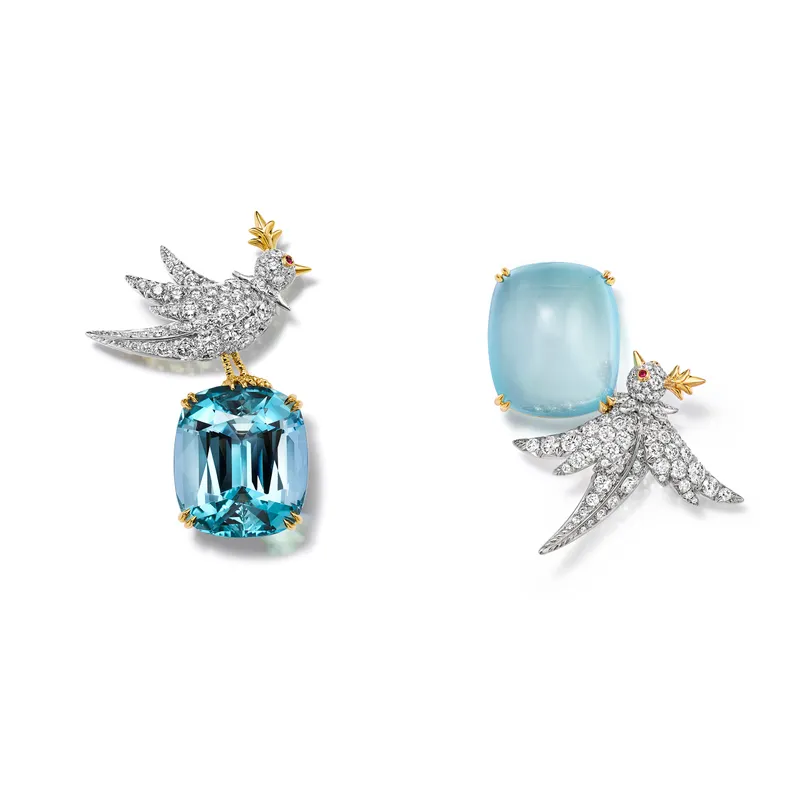 <p>Tiffany &amp; Co. Bird on a Rock: Love Birds high jewellery brooches set with a cushion-cut aquamarine of 32.45 carats and a cushion-cut cabochon aquamarine of 41.56 carats</p>
