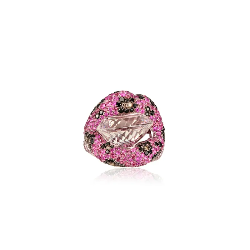<p>Think Pink Ring with rock crystal, pink sapphires, rose spinels, black diamonds, white diamonds and brown diamonds in 18k gold</p>
