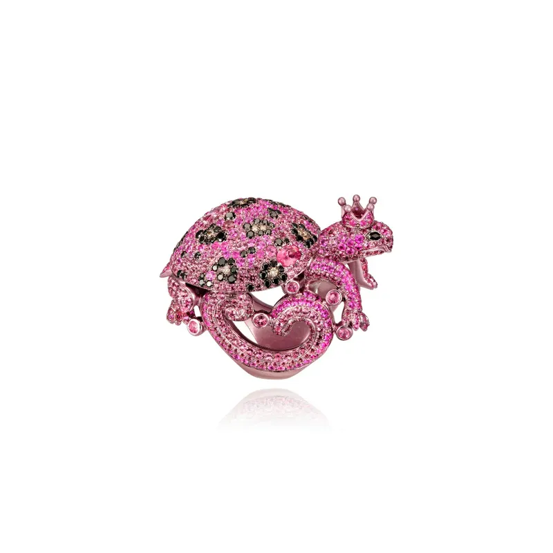 <p>Lydia Courteille Think Pink Turtle Ring with pink sapphires, pink spinels, black diamonds and brown diamonds in 18k gold</p>
