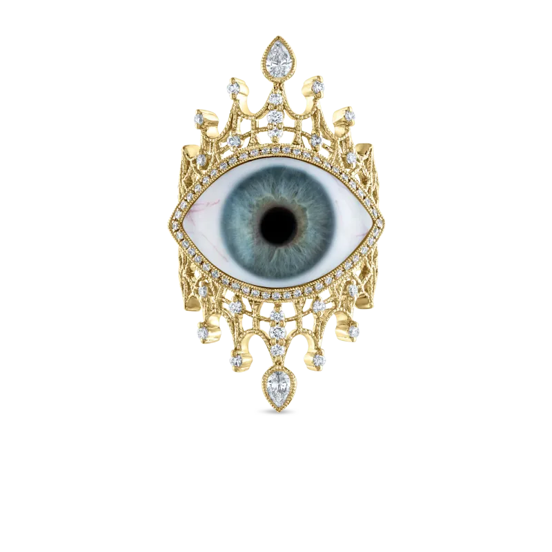 Maria Tash Diamond Crown Eye Finger Ring in 18K yellow gold with diamonds