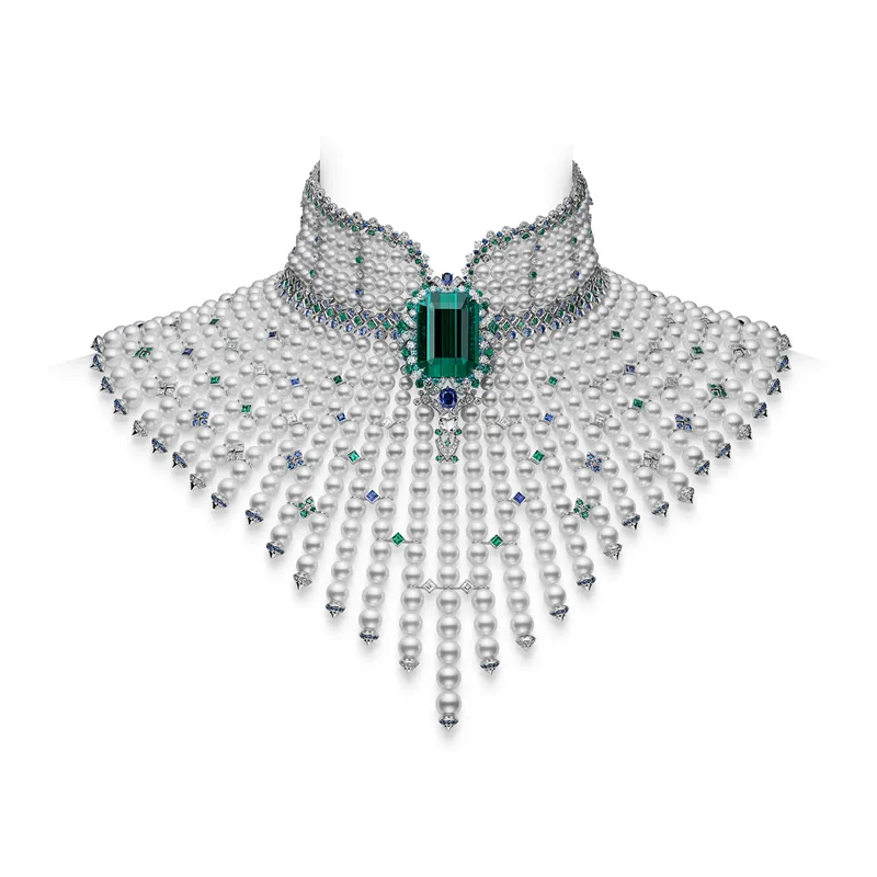 Mikimoto Solaire collar, set with a 104.52-carat green tourmaline, Akoya pearls, tourmalines, emeralds and sapphires