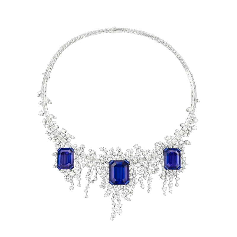 Maison FRED Moonlight Reflection transformable necklace in 18k white gold, set with three tanzanites of 18.36, 26.54 and 18.10 carats and diamonds