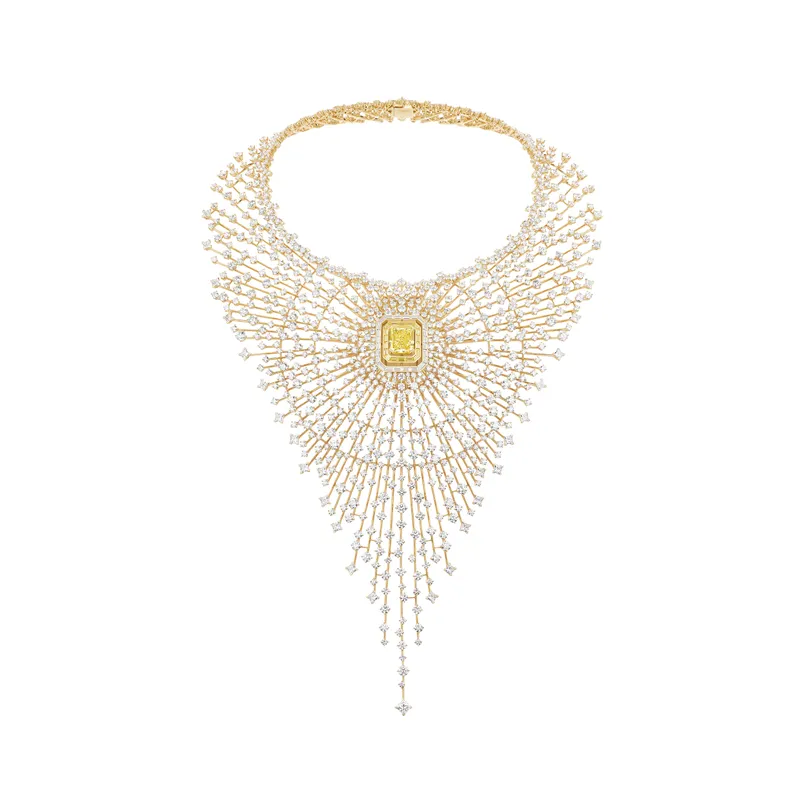 FRED Monsieur Fred Golden Light Soleil d’Or necklace, set with an incredibly rare 101.57-carat emerald cut Fancy Intense Yellow diamond