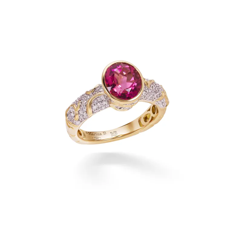 <p>Marine B Ondine solitaire ring, set with a 1.70ct oval rubellite and diamonds in 18k yellow gold</p>

