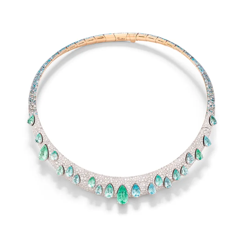 <p>This Pomellato necklace from the brand’s 2026 High Jewellery collection is set with 21 pear-shaped Paraiba tourmalines of 20.15 carats, surrounded by further Paraiba tourmalines and diamonds</p>