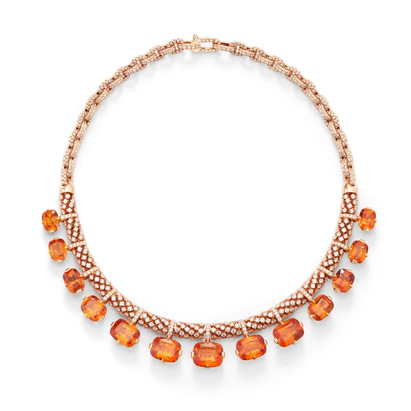 Pomellato Stile Libero Mandarine Mirage necklace, set with 13 cushion-cut Mandarin garnets in 18k rose gold