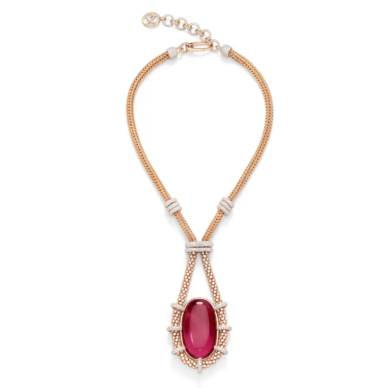 Pomellato Stile Libero Princess necklace, set with an oval cabochon rubellite and diamonds in 18k rose gold