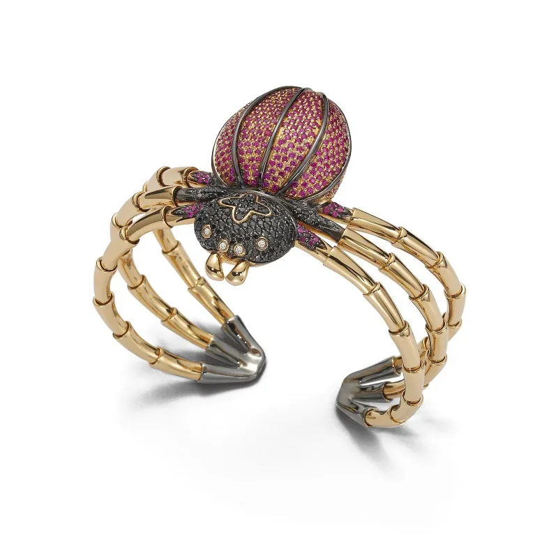 Roberto Coin Spider bracelet in 18K rose gold and steel with rubies, black and white diamonds
