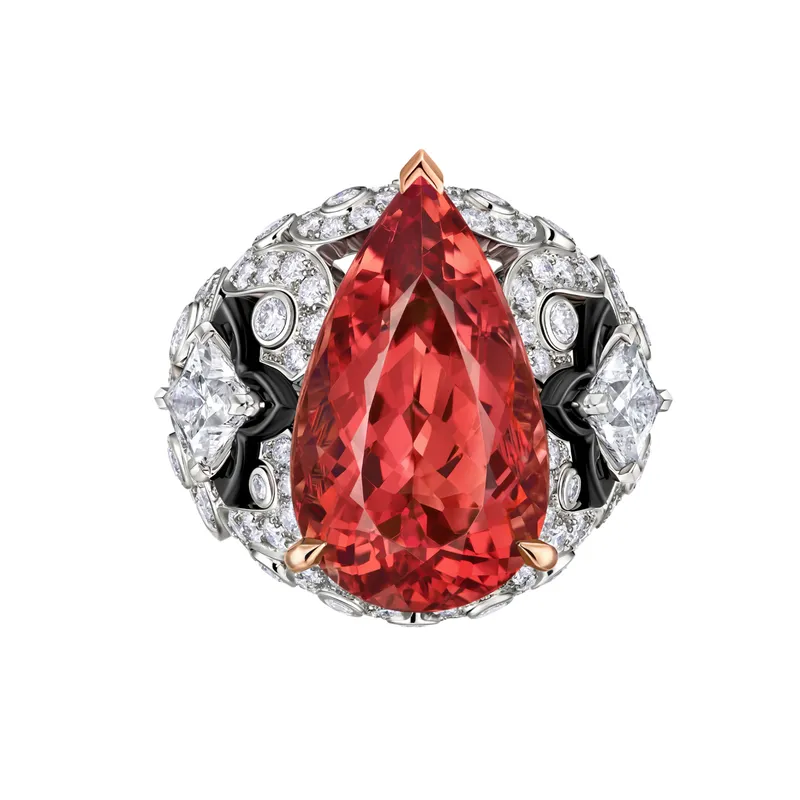 Louis Vuitton Mythica Spell ring, set with a pear-shape Imperial topaz with diamonds and black ceramic