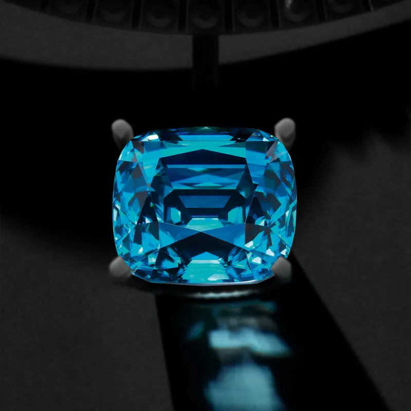 <p>A 82.14 carat cushion-cut blue zircon, before being set in the Fortitude necklace from the Louis Vuitton Mythica high jewellery collection</p>

