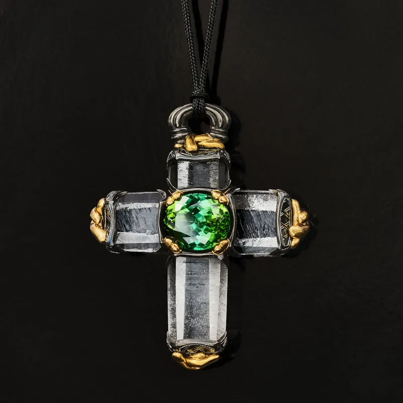 <p>Prospera cross pendant in 18K yellow and white gold, set with rock crystal, tourmaline and diamond</p>
