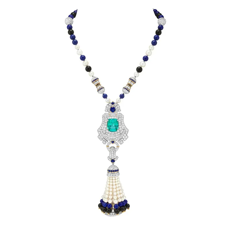 <p>Pompon Leila transformable long necklace watch features an 11.87 carat green cushion-cut tourmaline at its centre</p>