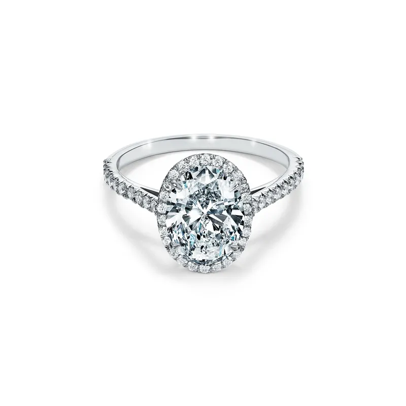 <p>Tiffany & Co. Celeste oval diamond engagement ring in platinum.</p>