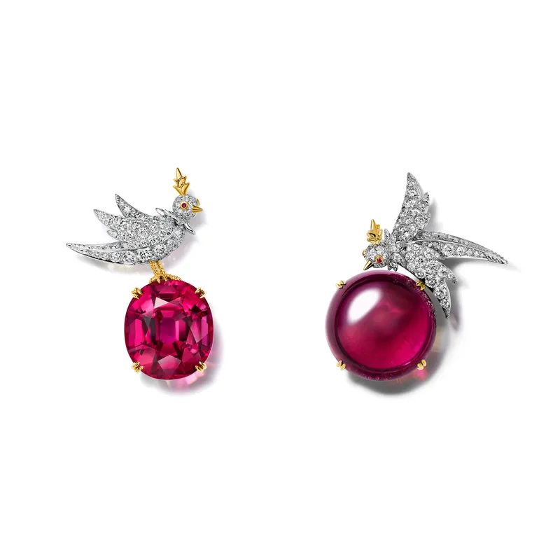 <p>Tiffany &amp; Co. Bird on a Rock: Love Birds high jewellery brooches set with an oval rubellite of 36.24 carats and a round cabochon rubellite of 62.65 carats</p>
