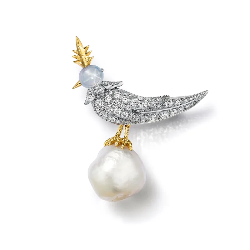 <p>Tiffany &amp; Co. Bird on a Pearl high jewellery brooch set with a white baroque natural saltwater pearl of 27.83 carats, a star sapphire and diamonds</p>
