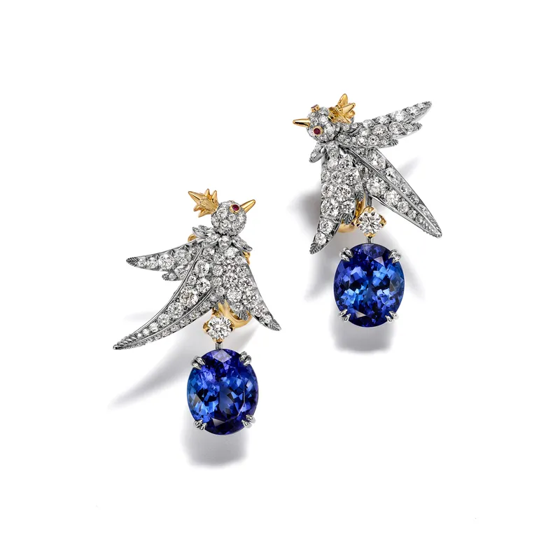 <p>Tiffany & Co. Bird on a Rock High Jewellery earrings in platinum and 18k yellow gold with tanzanites of approximately 10 total carats, diamonds and rubies</p>