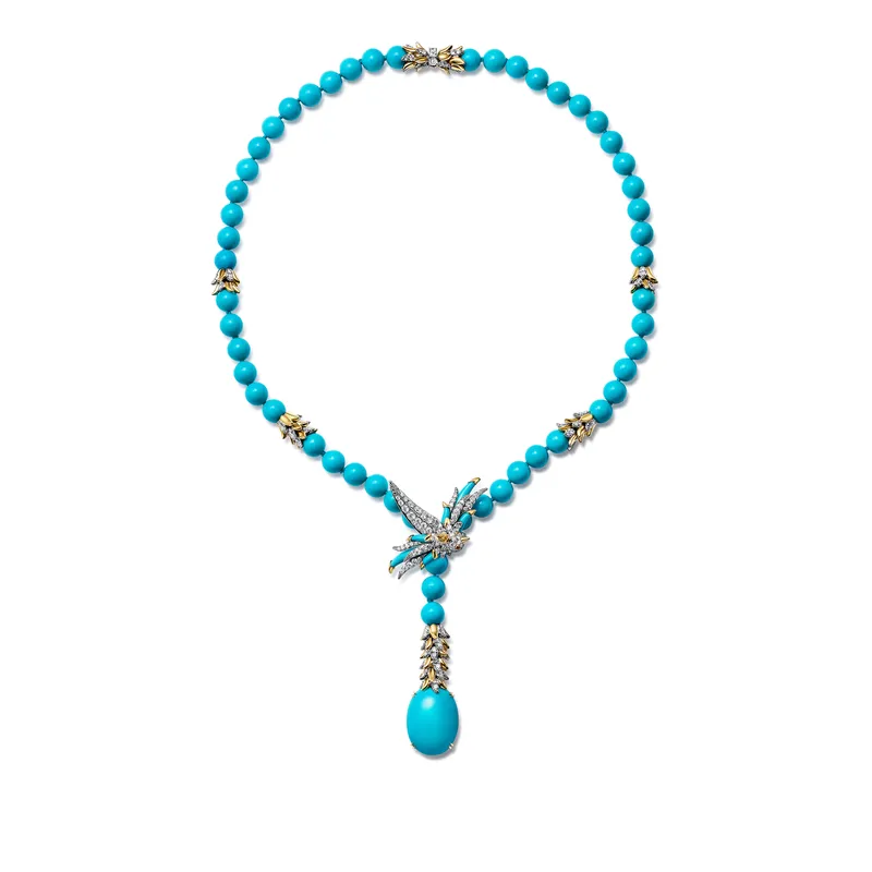 <p>Tiffany & Co. Bird on a Rock High Jewellery lariat in platinum and 18k yellow gold with a turquoise drop of approximately 16 carats, 54 turquoise beads, turquoise accents, diamonds and rubies</p>