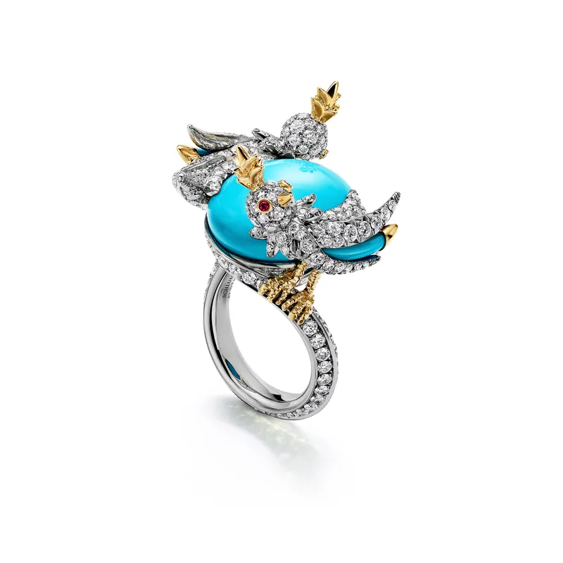 <p>Tiffany & Co. Bird on a Rock High Jewellery Wrap ring in platinum and 18k yellow gold with a turquoise of approximately 11 carats, turquoise accents, diamonds and rubies</p>